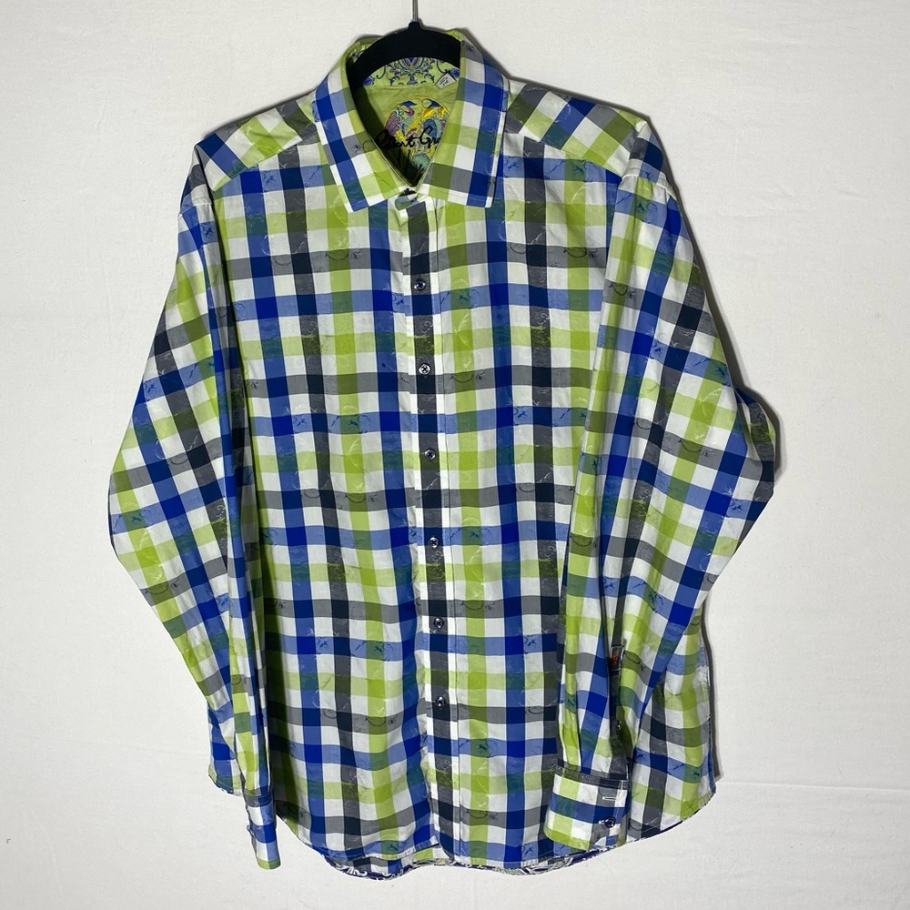 Robert Graham Blue Green White Plaid Flip Cuff Long Sleeve Button Up Shirt L